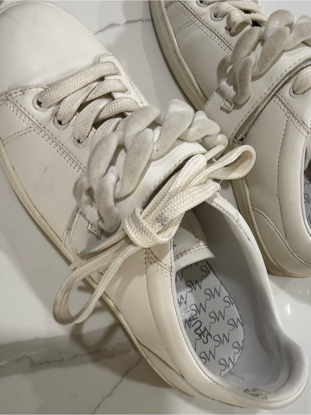 Stuart Weitzman Cream Leather Chain-Detail Sneakers